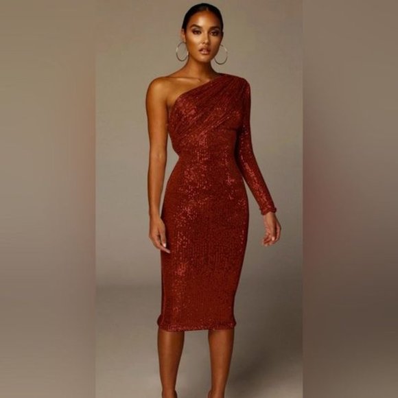 JLuxeLabel- Gathered One Shoulder Sequin Dress, Red, Size M - Picture 1 of 1